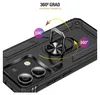 A close-up view of a black phone case with a rotatable metal ring, highlighting its 100 and 360-degree rotation capabilities. Produktbild-Vorschau