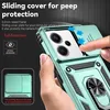 A hand is holding a green phone case with a sliding camera cover and a ring holder. The background is dark with text overlays highlighting features. Produktbild-Vorschau