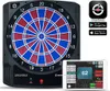A smart electronic dartboard and a tablet displaying the dartboard's app interface. Produktbild-Vorschau