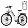 A white electric bicycle is shown against a white background, with a smartphone displaying an app interface in the upper right corner. Produktbild-Vorschau