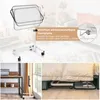 Collage of images showing a white adjustable rolling table in different settings, including a living room, next to a desk, and under a bed. Produktbild-Vorschau
