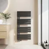 A modern bathroom setting with a black towel radiator, a wooden vanity, and a sink. Náhled obrázku produktu