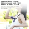 A person wearing a white shirt is modeling a purple neck fan outdoors. Produktbild-Vorschau