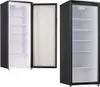 Two views of a black glass door refrigerator, one with the door open and one with the door closed. Produktbild-Vorschau