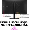 The back of a black computer monitor is shown, with labels pointing to various ports and buttons. Produktbild-Vorschau