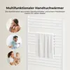 A collage of lifestyle images showing people using towels, alongside a product image of a white towel warmer. Produktbild-Vorschau