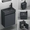 Collage of images showing a modern, wall-mounted bathroom vanity with a mineral cast sink and a dark gray cabinet. Different angles showcase the sink, faucet, and the interior of the cabinet. Produktbild-Vorschau