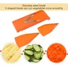 A mandolin slicer with V-shaped blade and three interchangeable blades, shown with examples of sliced potatoes, cucumbers, and carrots. Anteprima dell’immagine prodotto