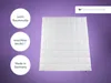 A white duvet is laid out flat against a purple background, with three circular informational graphics on the left side. Produktbild-Vorschau