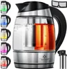 A collage of a glass electric kettle with different temperature settings displayed on the side, and a close-up of the kettle with water and tea. Produktbild-Vorschau
