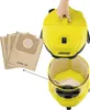 A yellow Kärcher vacuum cleaner with a hand holding the handle, and a stack of brown paper vacuum bags next to it. The top part of the vacuum is detached, showing the inside where a vacuum bag is placed. Produktbild-Vorschau