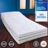 A white mattress is shown on a wooden floor in front of a blue wall with two rectangular panels. Produktbild-Vorschau