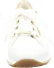 A close-up, front-facing view of a white sneaker with gold eyelets and a brown sole. Produktbild-Vorschau