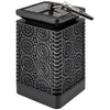 A black solar lantern with a decorative patterned exterior and a solar panel on top. Podgląd zdjęcia produktu