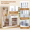A collage of images showing different configurations and features of a white wardrobe and shoe cabinet set. Produktbild-Vorschau