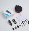 A flat lay of a New Bee business headset and its accessories, including a box, charging cable, ear tips, ear hooks, and a storage case. Náhled obrázku produktu