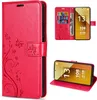 A collage of images showing a red flip phone case with floral and butterfly embossing, and a phone inside the case. The phone screen displays product specifications. Produktbild-Vorschau