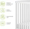 A close-up view of a white baby crib with descriptive icons and text on the left side. Produktbild-Vorschau