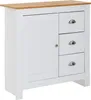 A white and wood sideboard with three drawers and one door. Podgląd zdjęcia produktu