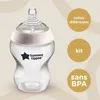 A clear product shot of a baby bottle with accompanying marketing text in circles on the right side. Voir les images du produit