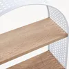Close-up view of two wooden shelves on a white metal frame with a decorative pattern. Produktbild-Vorschau