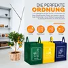 Three recycling bags (green, yellow, blue) are shown in front of a potted plant and a shelf unit. Text overlays describe the product and its uses. Náhľad obrázku produktu