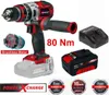 A collage of images showcasing a cordless drill, its battery, charger, and feature callouts. Produktbild-Vorschau