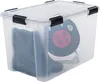 A transparent storage box with black latches, containing a pair of gray boots and a red and black extension cord reel. Produktbild-Vorschau