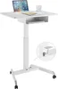 A white mobile sit-stand desk with a laptop and a glass on top. Anteprima dell’immagine prodotto