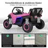 A pink ride-on car with suspension highlighted, shown with different road surfaces at the bottom. Produktbild-Vorschau