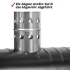 Close-up of a metal exhaust pipe with holes, attached to a black corrugated pipe, with text overlay. Produktbild-Vorschau