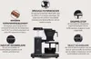 A coffee machine with various features highlighted with text and small illustrative images. Produktbild-Vorschau