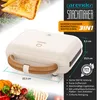 A product shot of a white sandwich maker with a wooden handle, featuring marketing text and dimensions. Produktbild-Vorschau