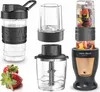 A collage of a smoothie blender and its components, along with some strawberries. Podgląd zdjęcia produktu