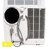 The back of a portable air conditioner unit with a power cord and an energy efficiency label. Produktbild-Vorschau