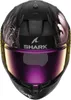 A front view of a black motorcycle helmet with pink and white abstract graphics and a purple visor. Anteprima dell’immagine prodotto