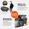 A collage of images showcasing features of a child car seat, including its folded state, a woman carrying it in a bag, and a close-up of a cup holder. Produktbild-Vorschau