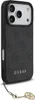 A black iPhone case with a grey Guess logo pattern and a charm attached to a strap. Náhled obrázku produktu