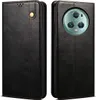 A product shot of a black leather flip wallet phone case for the Honor Magic 5, shown from two angles. Produktbild-Vorschau