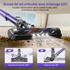 Close-up view of a cordless vacuum cleaner head with LED lights illuminating debris on the floor, accompanied by diagrams illustrating its articulation. Voir les images du produit