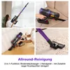 A collage of four images showing a woman using a purple and black cordless vacuum cleaner in different settings: cleaning blinds, cleaning a sofa, cleaning a countertop, and cleaning a carpet. Produktbild-Vorschau