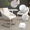 Two beige dining chairs with chrome legs are shown in a modern dining room setting, with close-up insets highlighting features. Náhľad obrázku produktu