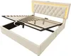A beige upholstered bed frame with its mattress support slats lifted to reveal storage space underneath. The headboard has diamond tufting and is illuminated by LED lights. Náhľad obrázku produktu