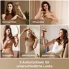 A collage of five images showing different hair dryer attachments being used by models. Produktbild-Vorschau