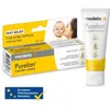 A product shot of Medela PureLan Lanolin cream packaging and a tube, with a mother and baby in the background. Náhled obrázku produktu