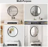 A collage of four images showing round mirrors in different home settings: bathroom, dressing area, living room, and entryway. Produktbild-Vorschau