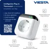 Marketing image showing a smart plug-in thermostat with its features highlighted. Produktbild-Vorschau