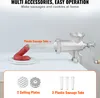 A meat grinder with sausage filling tubes and cutting plates, with text promoting its features. Náhled obrázku produktu