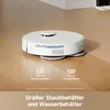 A white robot vacuum cleaner with mopping pads is shown on a wooden floor, with text overlays describing its dust and water tank capacities. Produktbild-Vorschau