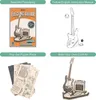 A collage of four images showing the packaging, instructions, puzzle pieces, and the assembled 3D wooden electric guitar model. Voir les images du produit